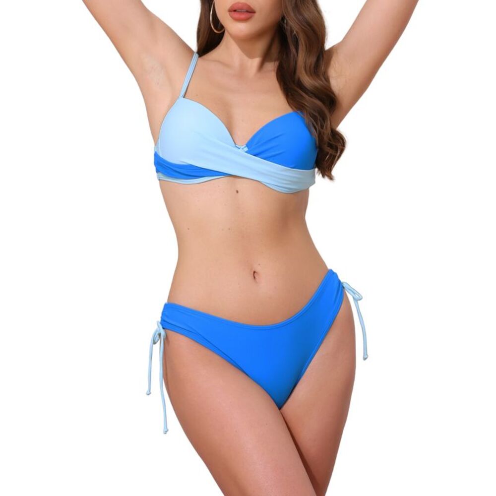 Cross Contrast Color 2 Piece Tie Size Triangle Bottoms Swimwear Blue